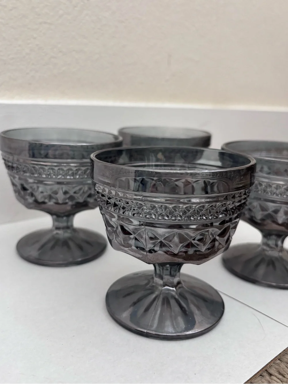 Vintage Smoky Gray Pressed Glass Dessert Cups - Set of 4